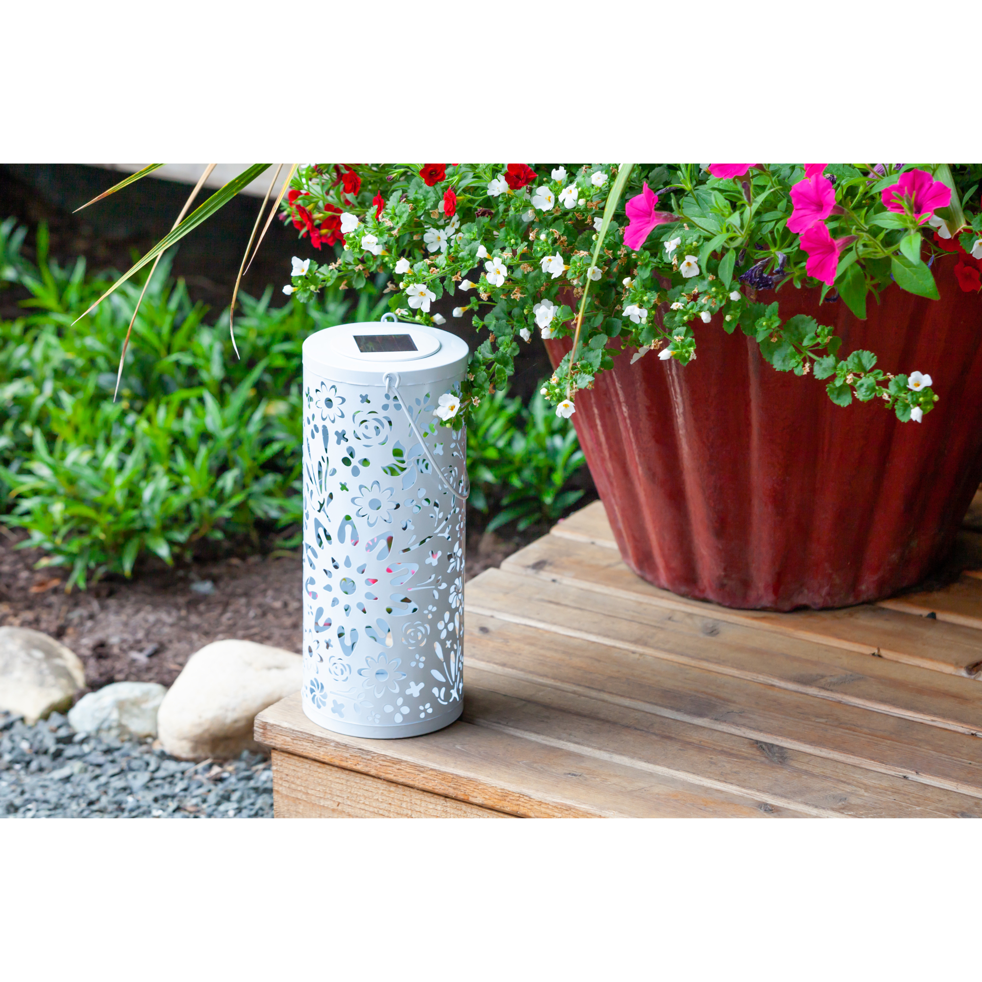 Allsop Home and Garden, Bloom Punched Metal Solar Lantern - White, Color White, Included (qty.) 1 Model# 32161